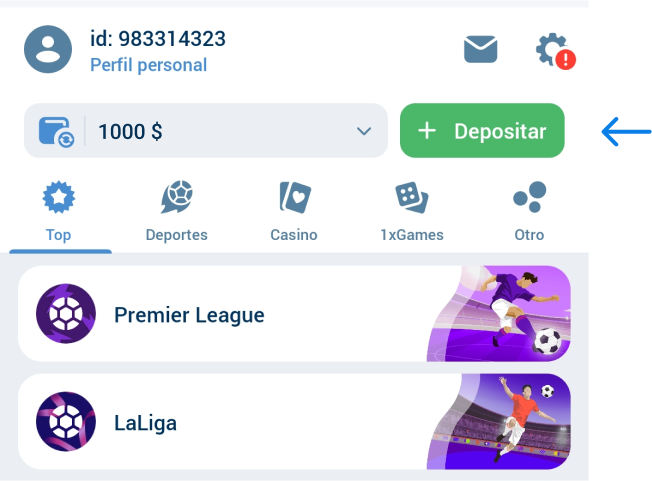 Busca y toca el botón de Recargar 1xbet Betapk Chile